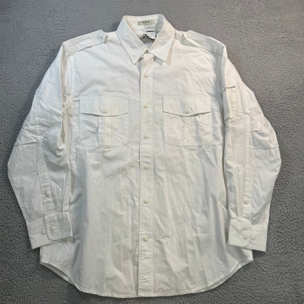 Orvis Mens White Cotton Poplin Bush Safari Shirt 7K4P-0453 Large L Long Sleeve